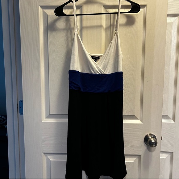 Express Y2K Tri-Tone Spaghetti Strap Mini Dress - White, Blue, Black - Picture 2 of 6
